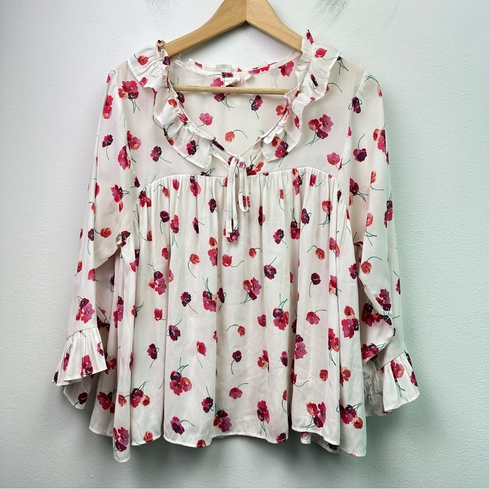 GAP Cream Floral Ruffle Tie-Neck Blouse with Pink & Red Flowers